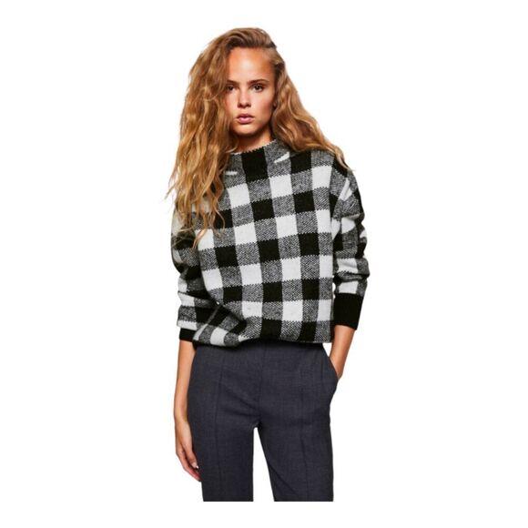 Lauren Ralph Lauren Sweaters - Lauren Ralph Lauren Black & White Buffalo Check Fringe Cowl Neck Sweater, XS
